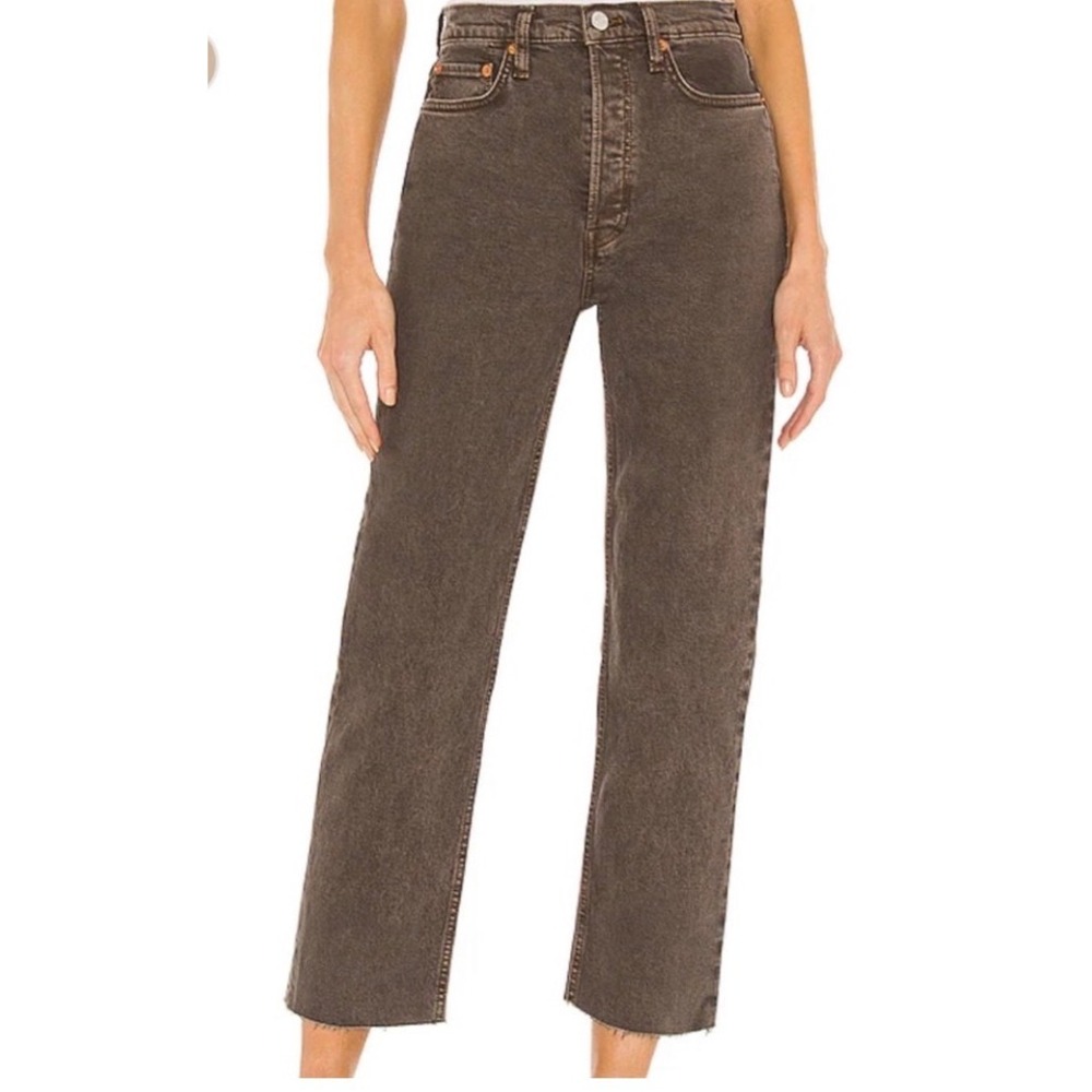 RE/DONE Women Brown High Rise Ankle Crop Raw Hem Button Fly Jeans Size 31
